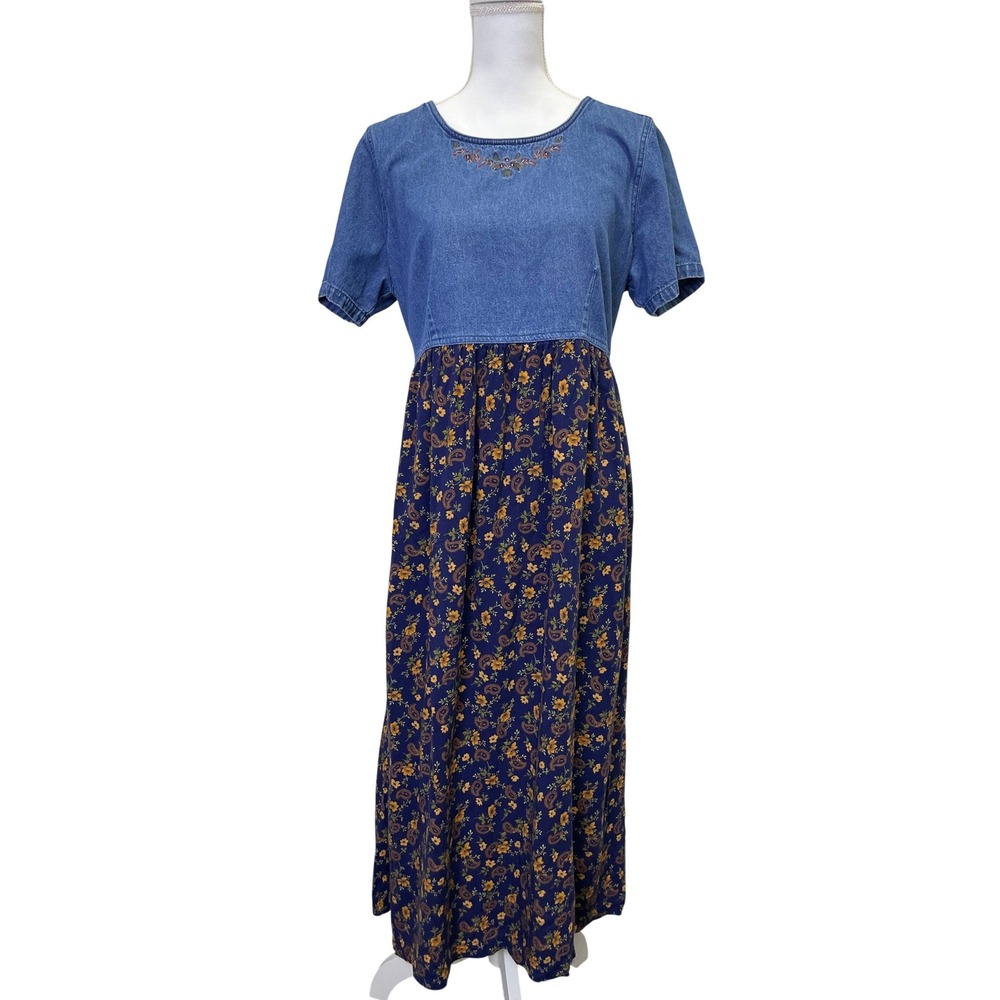 Vintage Erika Studio Denim Floral Paisley Maxi Dress Large Embroidered Boho
